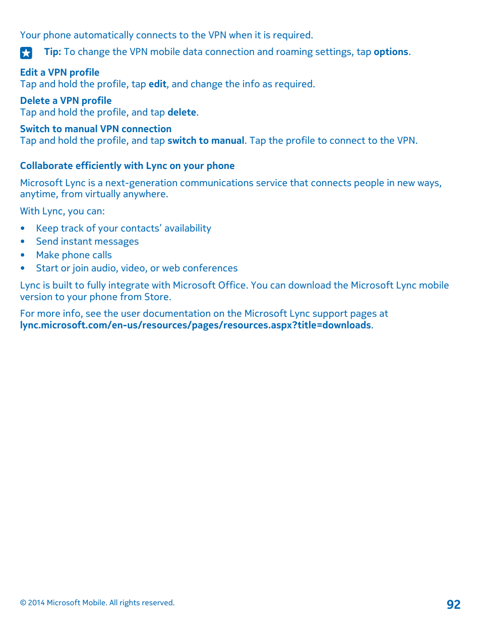 Collaborate efficiently with lync on your phone | Nokia Lumia 530 User Manual | Page 92 / 106