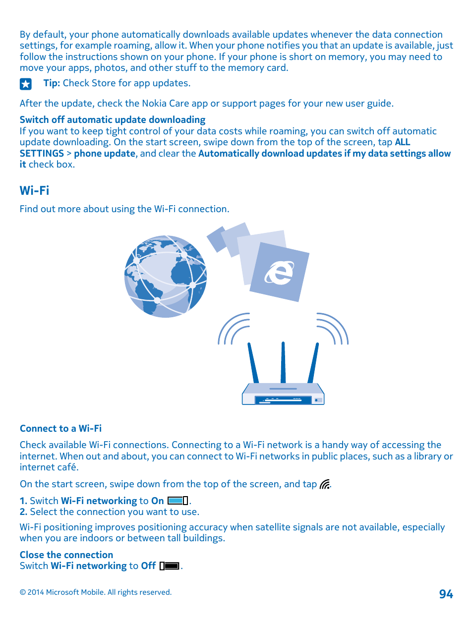 Wi-fi, Connect to a wi-fi | Nokia Lumia 530 User Manual | Page 94 / 106