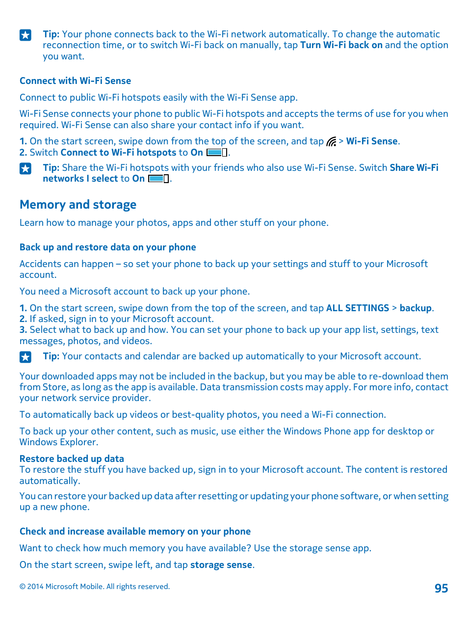 Connect with wi-fi sense, Memory and storage, Back up and restore data on your phone | Check and increase available memory on your phone | Nokia Lumia 530 User Manual | Page 95 / 106