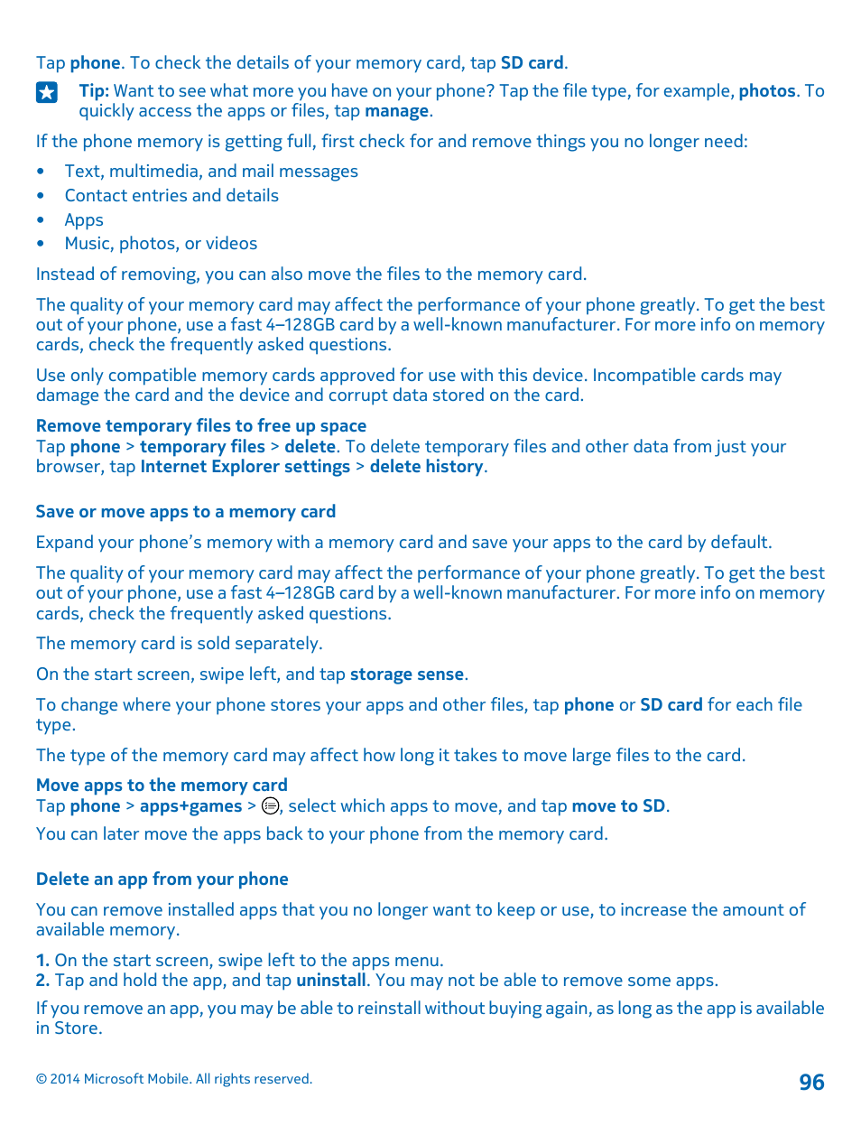 Save or move apps to a memory card, Delete an app from your phone | Nokia Lumia 530 User Manual | Page 96 / 106