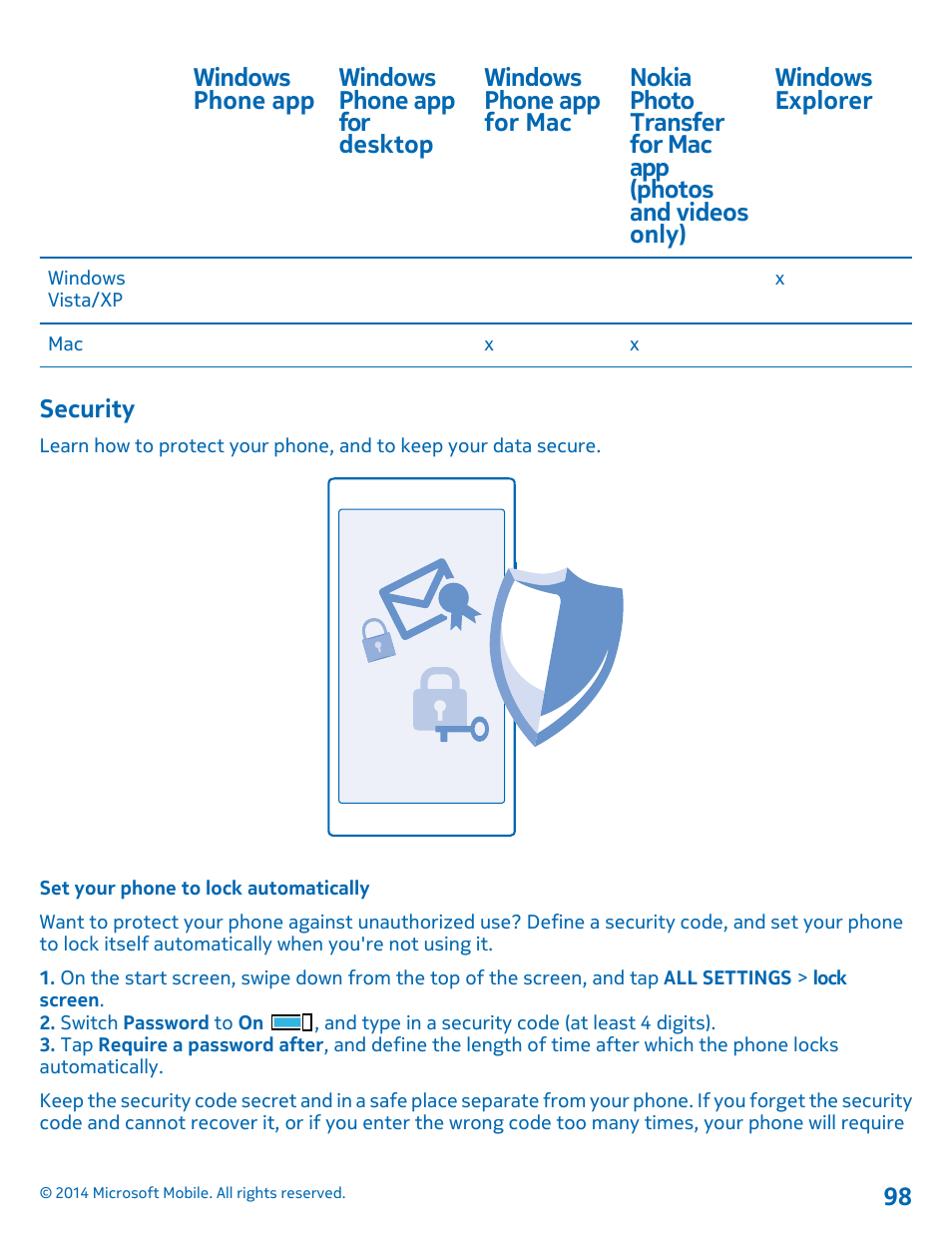 Security, Set your phone to lock automatically | Nokia Lumia 530 User Manual | Page 98 / 106