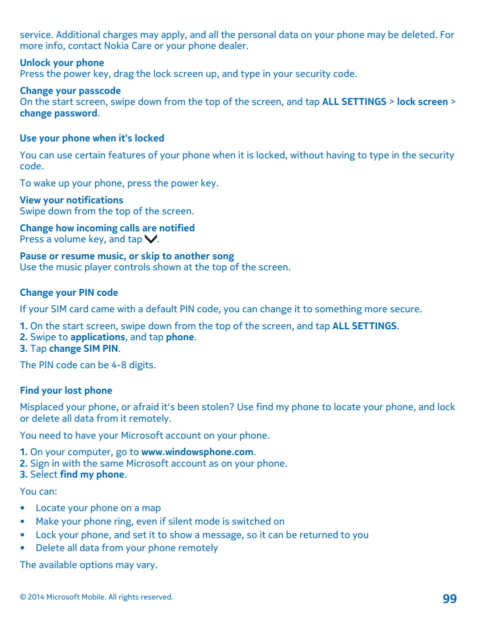 Use your phone when it's locked, Change your pin code, Find your lost phone | Nokia Lumia 530 User Manual | Page 99 / 106