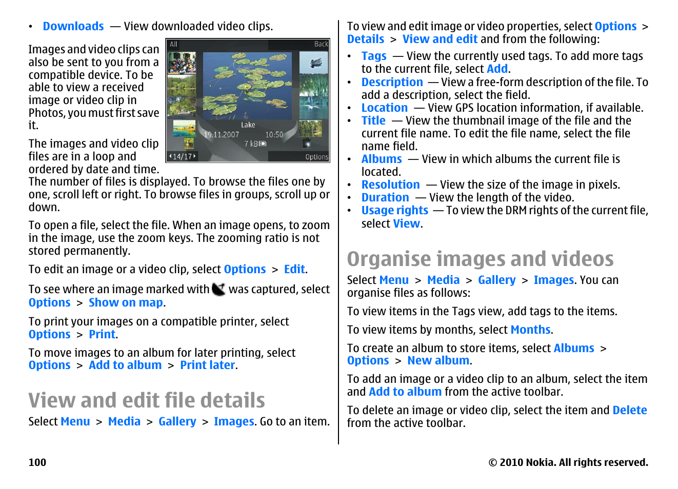 View and edit file details, Organise images and videos | Nokia E55 User Manual | Page 100 / 170
