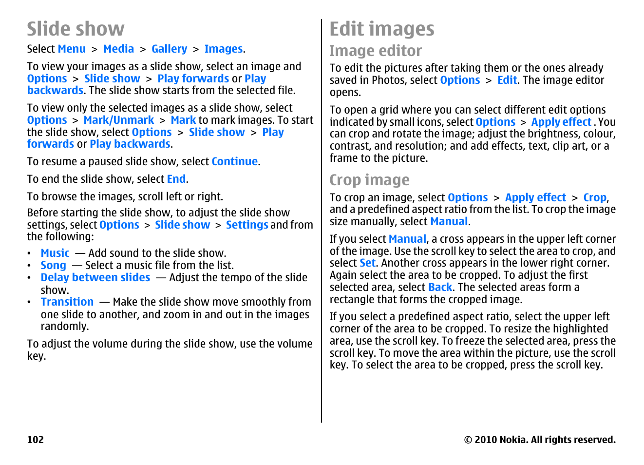 Slide show, Edit images, Image editor | Crop image | Nokia E55 User Manual | Page 102 / 170