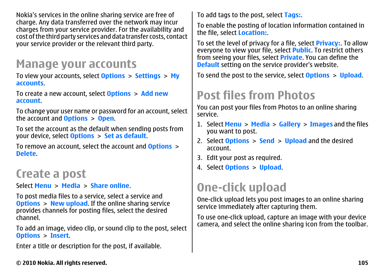 Manage your accounts, Create a post, Post files from photos | One-click upload | Nokia E55 User Manual | Page 105 / 170