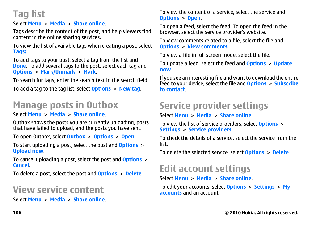 Tag list, Manage posts in outbox, View service content | Service provider settings, Edit account settings | Nokia E55 User Manual | Page 106 / 170