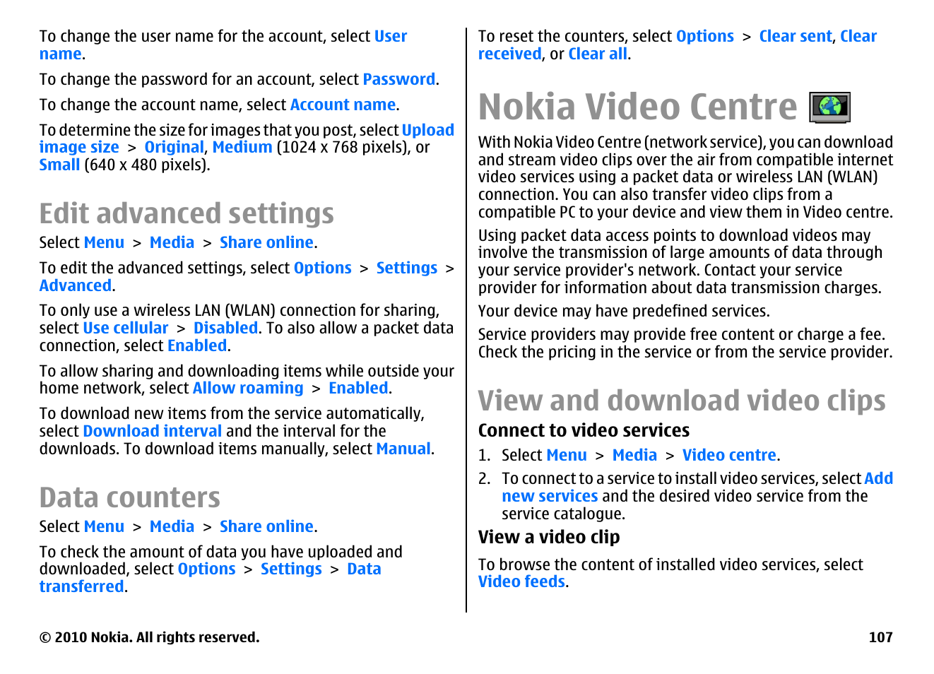 Edit advanced settings, Data counters, Nokia video centre | View and download video clips | Nokia E55 User Manual | Page 107 / 170
