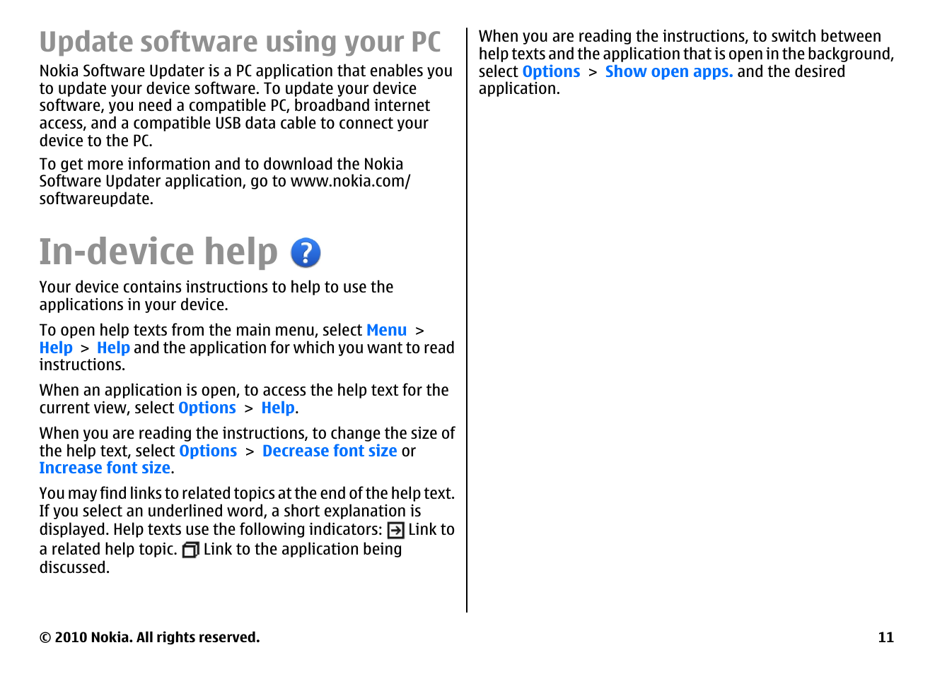 Update software using your pc, In-device help | Nokia E55 User Manual | Page 11 / 170
