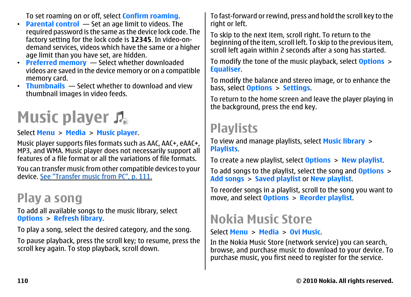 Music player, Play a song, Playlists | Nokia music store | Nokia E55 User Manual | Page 110 / 170