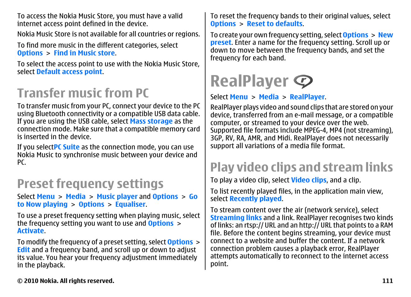 Transfer music from pc, Preset frequency settings, Realplayer | Play video clips and stream links | Nokia E55 User Manual | Page 111 / 170