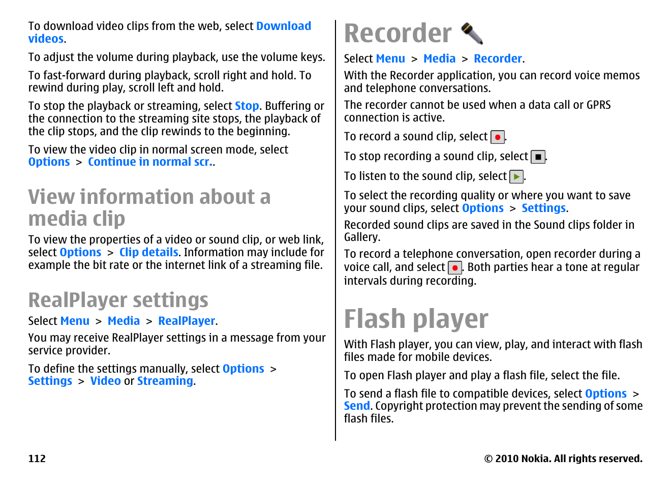 View information about a media clip, Realplayer settings, Recorder | Flash player | Nokia E55 User Manual | Page 112 / 170