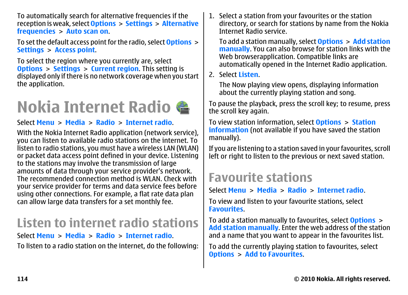 Nokia internet radio, Listen to internet radio stations, Favourite stations | Nokia E55 User Manual | Page 114 / 170