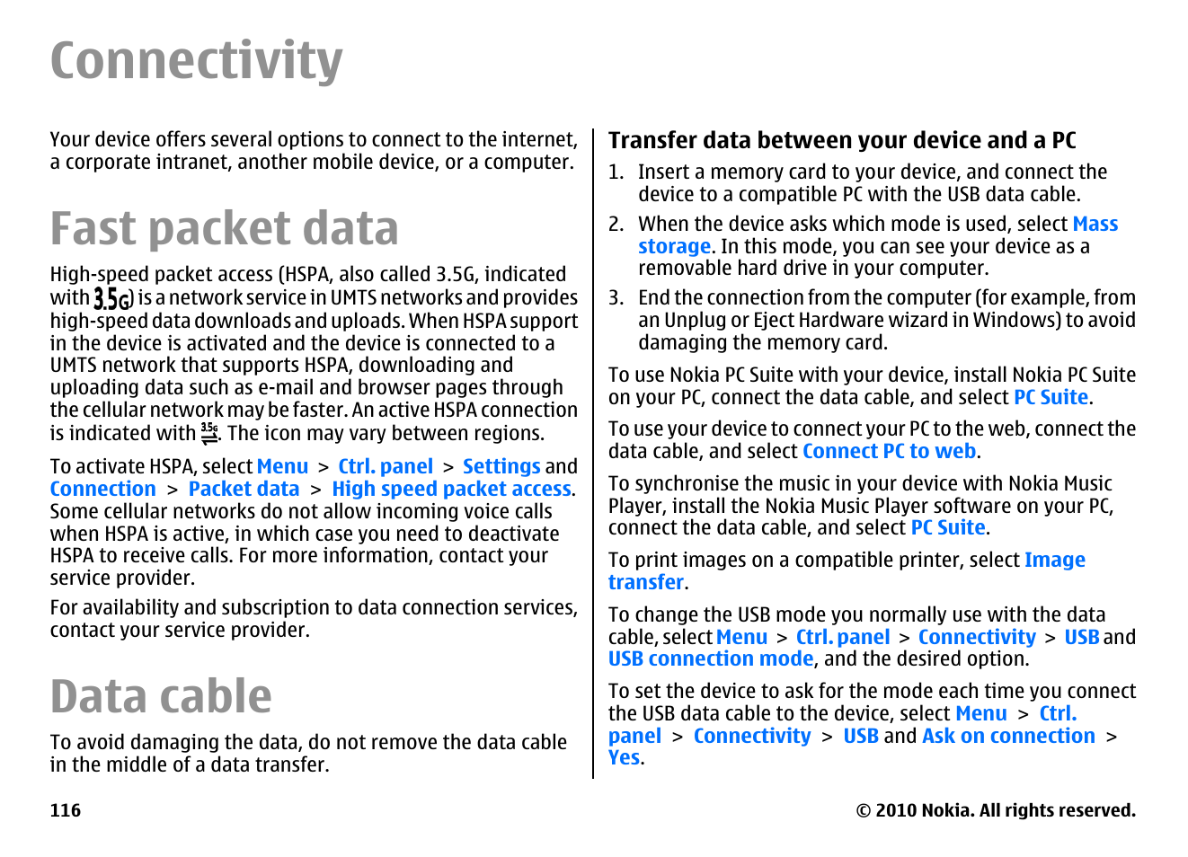 Connectivity, Fast packet data, Data cable | Nokia E55 User Manual | Page 116 / 170