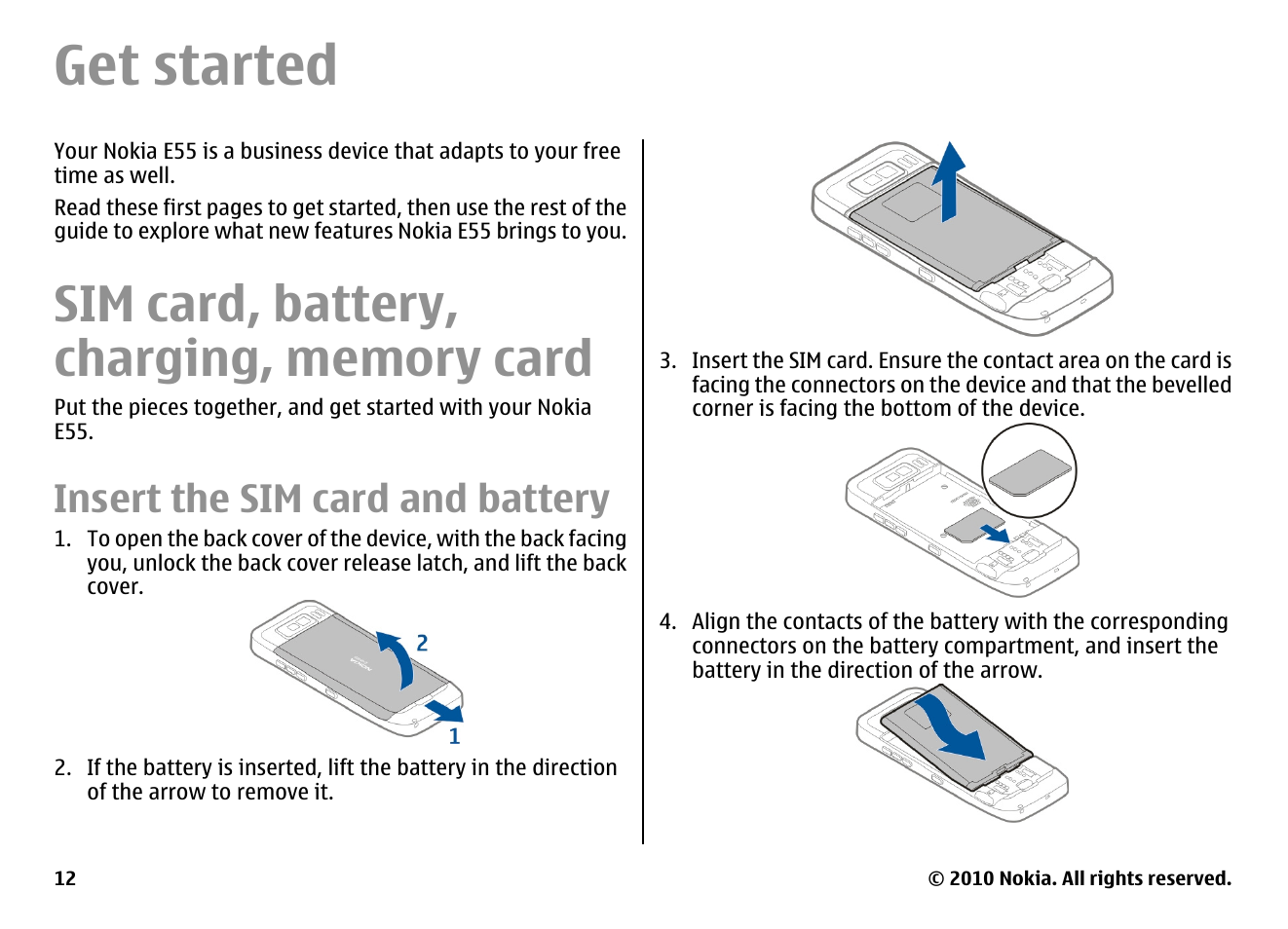 Get started, Sim card, battery, charging, memory card, Insert the sim card and battery | Nokia E55 User Manual | Page 12 / 170