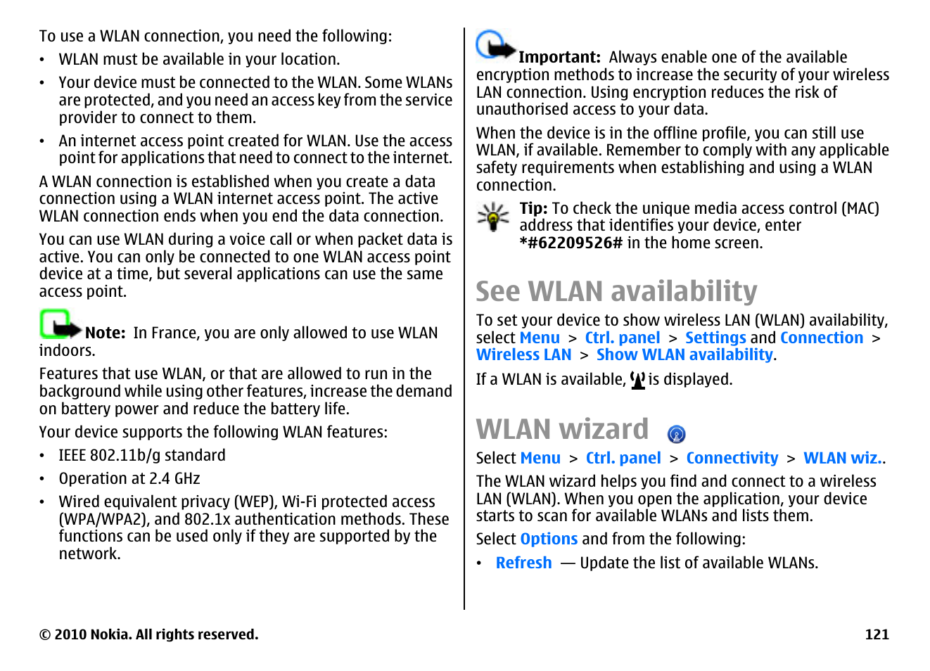 See wlan availability, Wlan wizard | Nokia E55 User Manual | Page 121 / 170