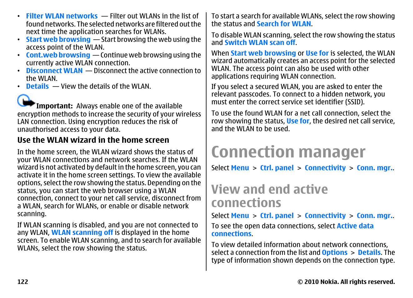 Connection manager, View and end active connections | Nokia E55 User Manual | Page 122 / 170