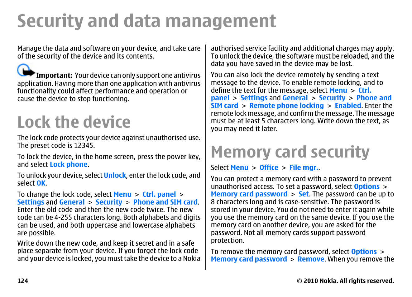 Security and data management, Lock the device, Memory card security | Nokia E55 User Manual | Page 124 / 170