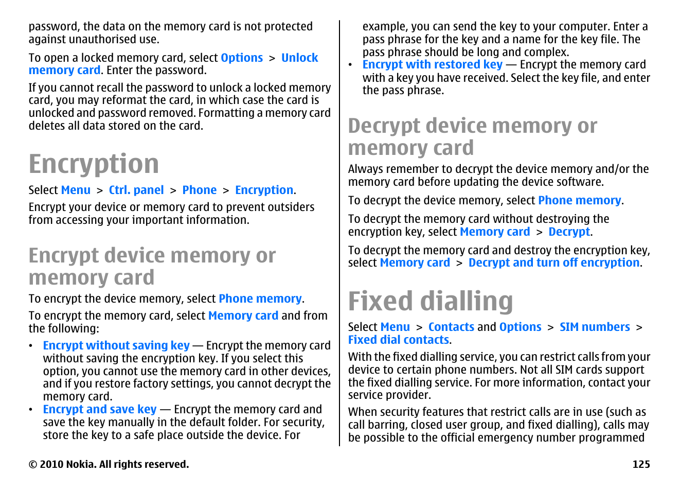 Encryption, Encrypt device memory or memory card, Decrypt device memory or memory card | Fixed dialling | Nokia E55 User Manual | Page 125 / 170