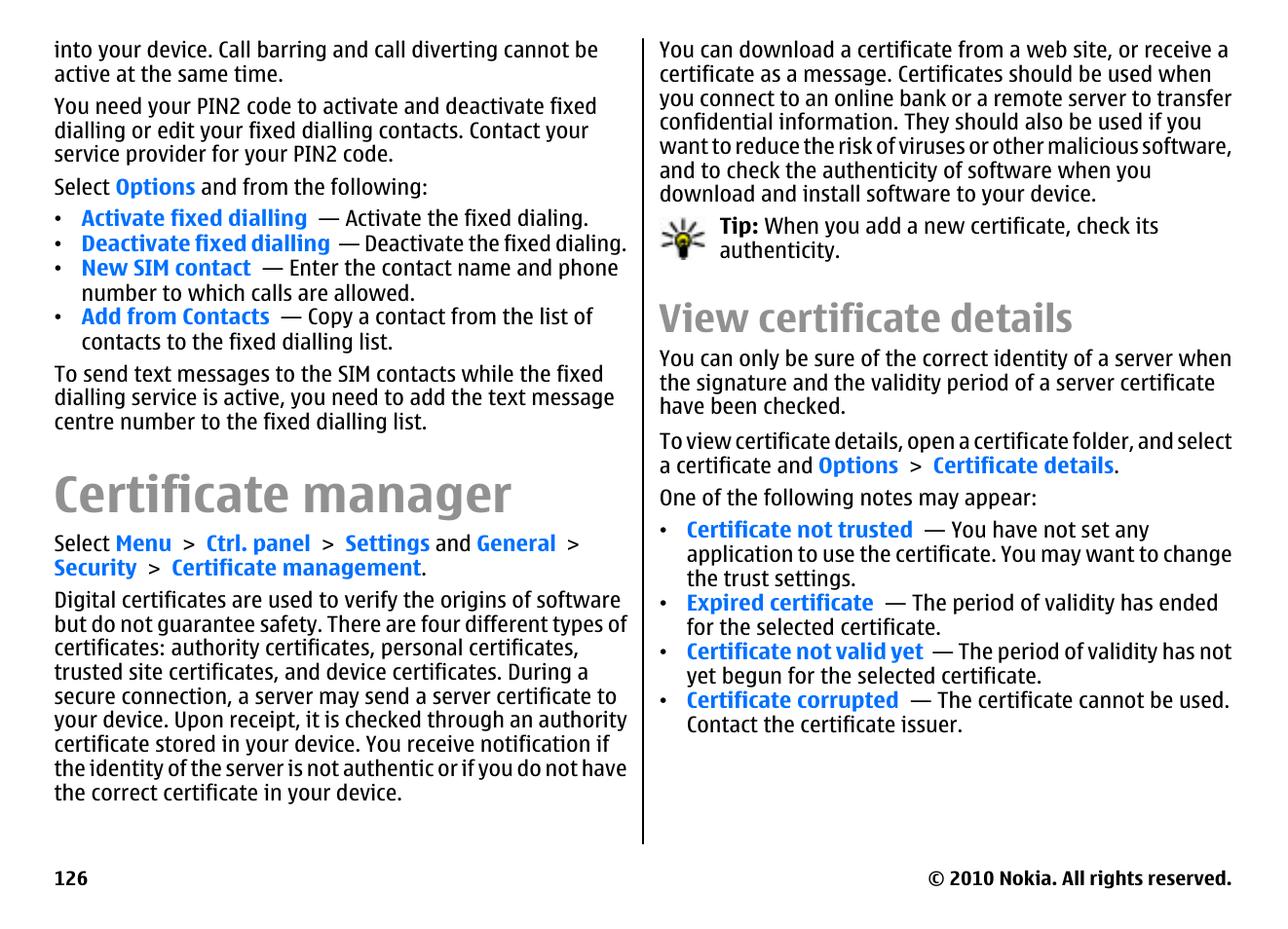 Certificate manager, View certificate details | Nokia E55 User Manual | Page 126 / 170