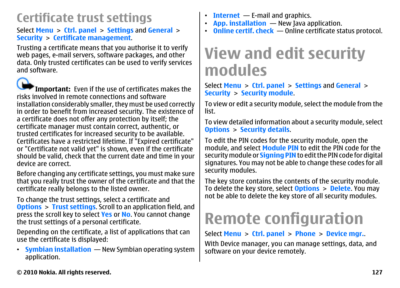 Certificate trust settings, View and edit security modules, Remote configuration | Nokia E55 User Manual | Page 127 / 170