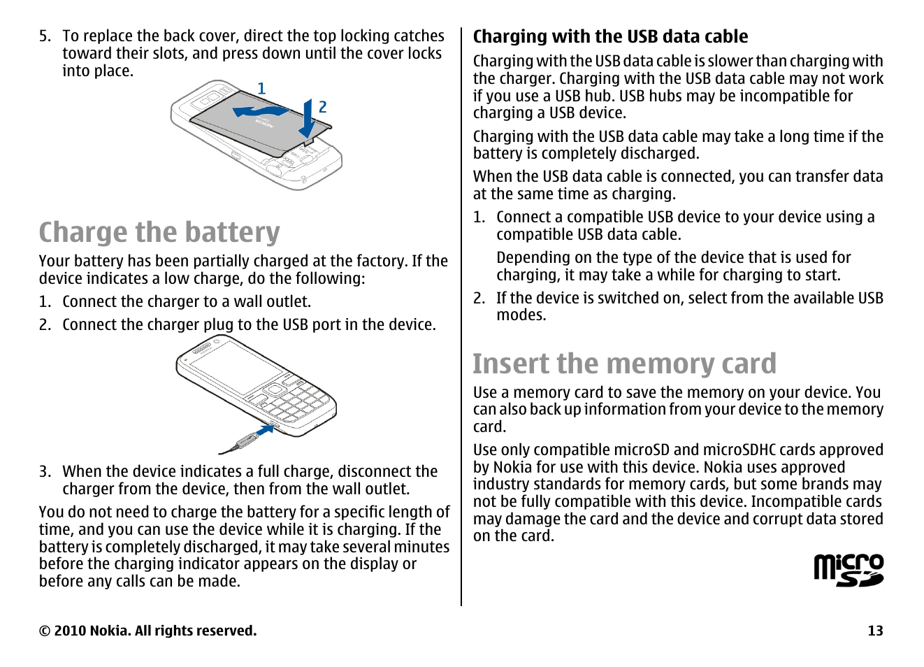 Charge the battery, Insert the memory card | Nokia E55 User Manual | Page 13 / 170