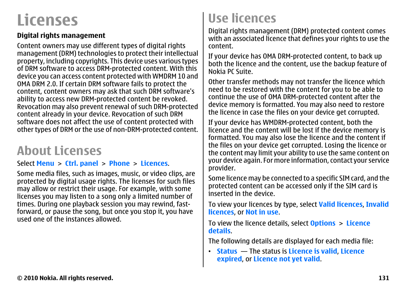 Licenses, About licenses, Use licences | Nokia E55 User Manual | Page 131 / 170