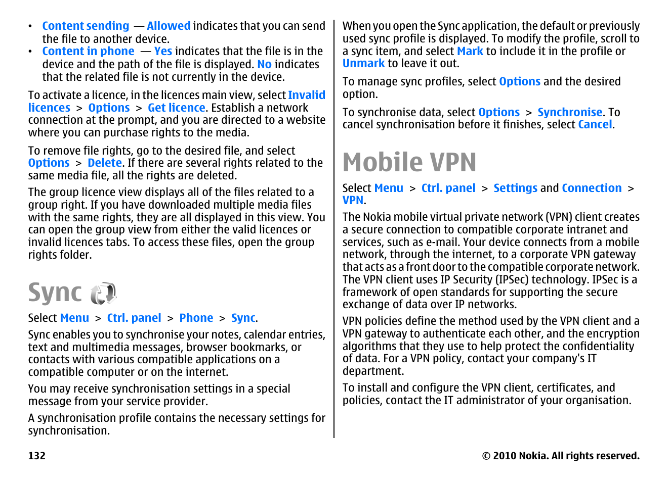 Sync, Mobile vpn | Nokia E55 User Manual | Page 132 / 170