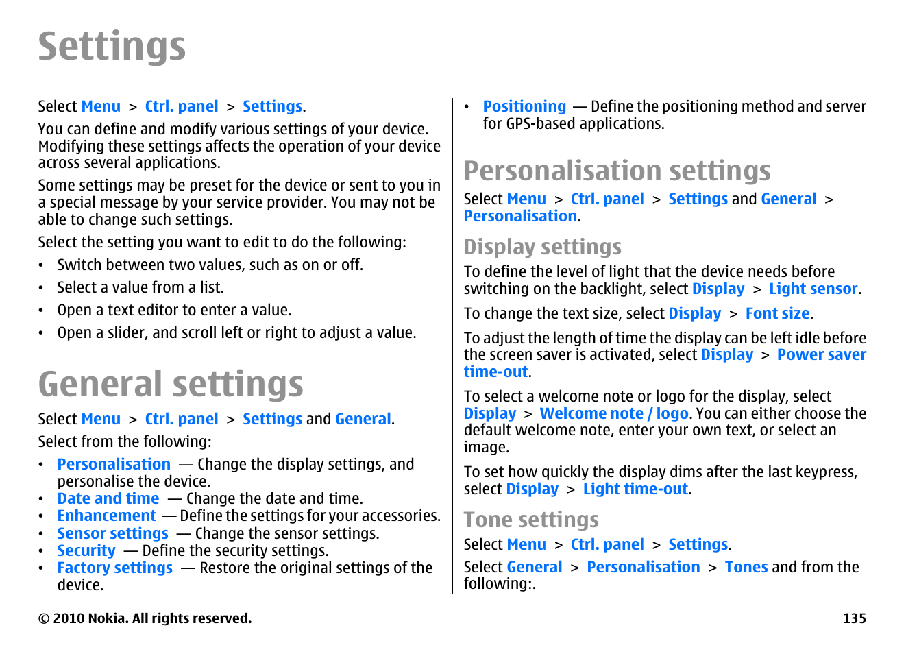 Settings, General settings, Personalisation settings | Display settings, Tone settings | Nokia E55 User Manual | Page 135 / 170
