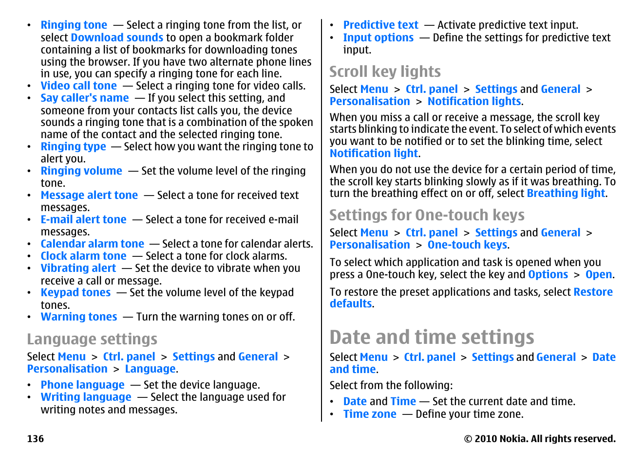 Language settings, Scroll key lights, Settings for one-touch keys | Date and time settings | Nokia E55 User Manual | Page 136 / 170