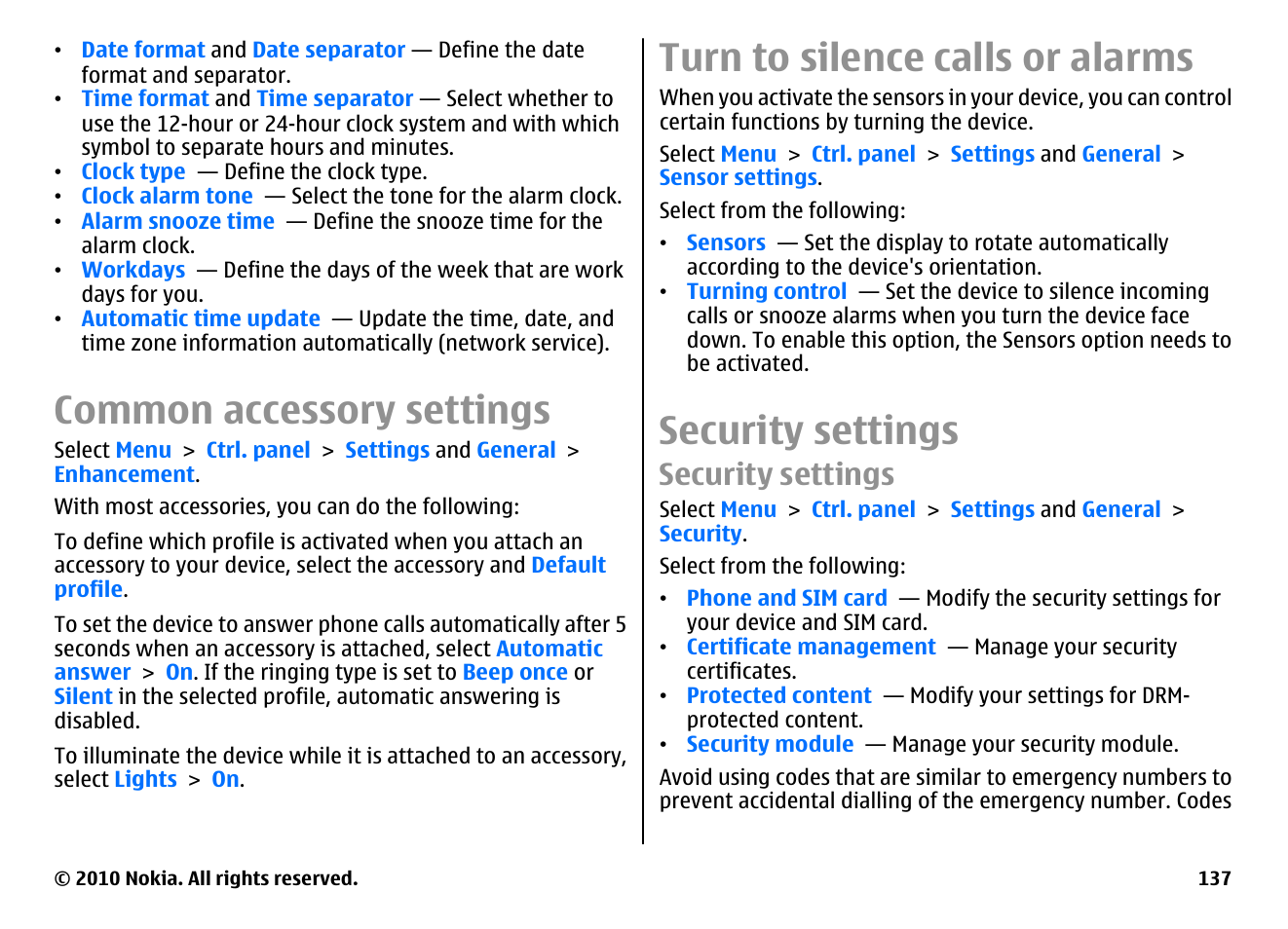 Common accessory settings, Turn to silence calls or alarms, Security settings | Nokia E55 User Manual | Page 137 / 170