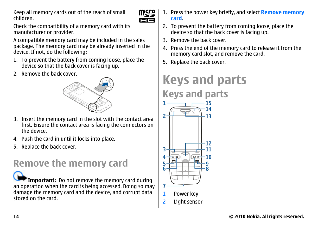 Remove the memory card, Keys and parts | Nokia E55 User Manual | Page 14 / 170