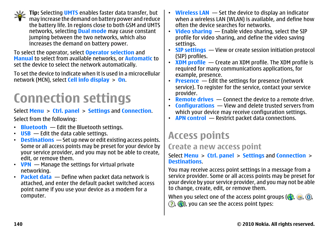 Connection settings, Access points, Create a new access point | Nokia E55 User Manual | Page 140 / 170