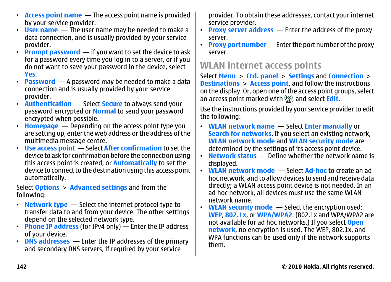 Wlan internet access points | Nokia E55 User Manual | Page 142 / 170