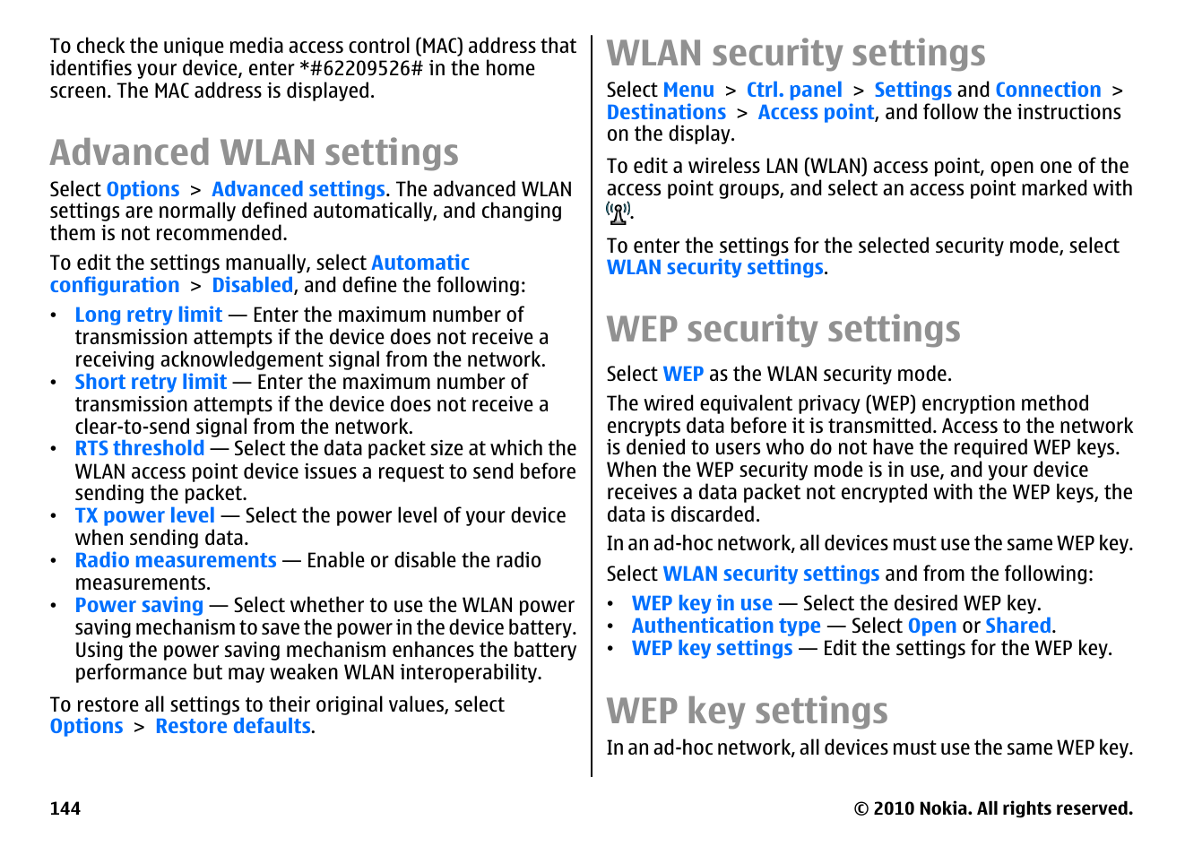 Advanced wlan settings, Wlan security settings, Wep security settings | Wep key settings | Nokia E55 User Manual | Page 144 / 170