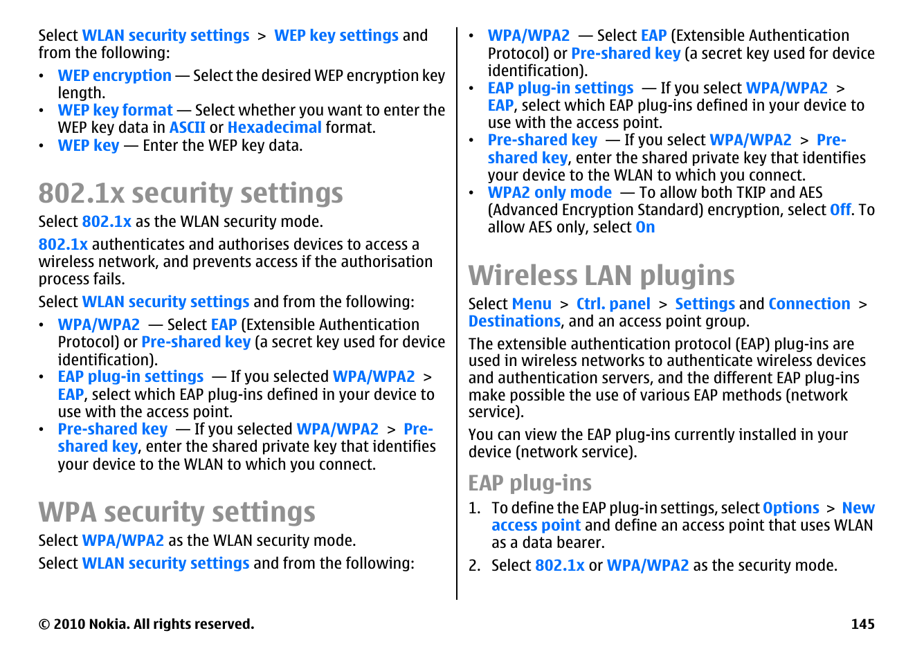 1x security settings, Wpa security settings, Wireless lan plugins | Eap plug-ins | Nokia E55 User Manual | Page 145 / 170
