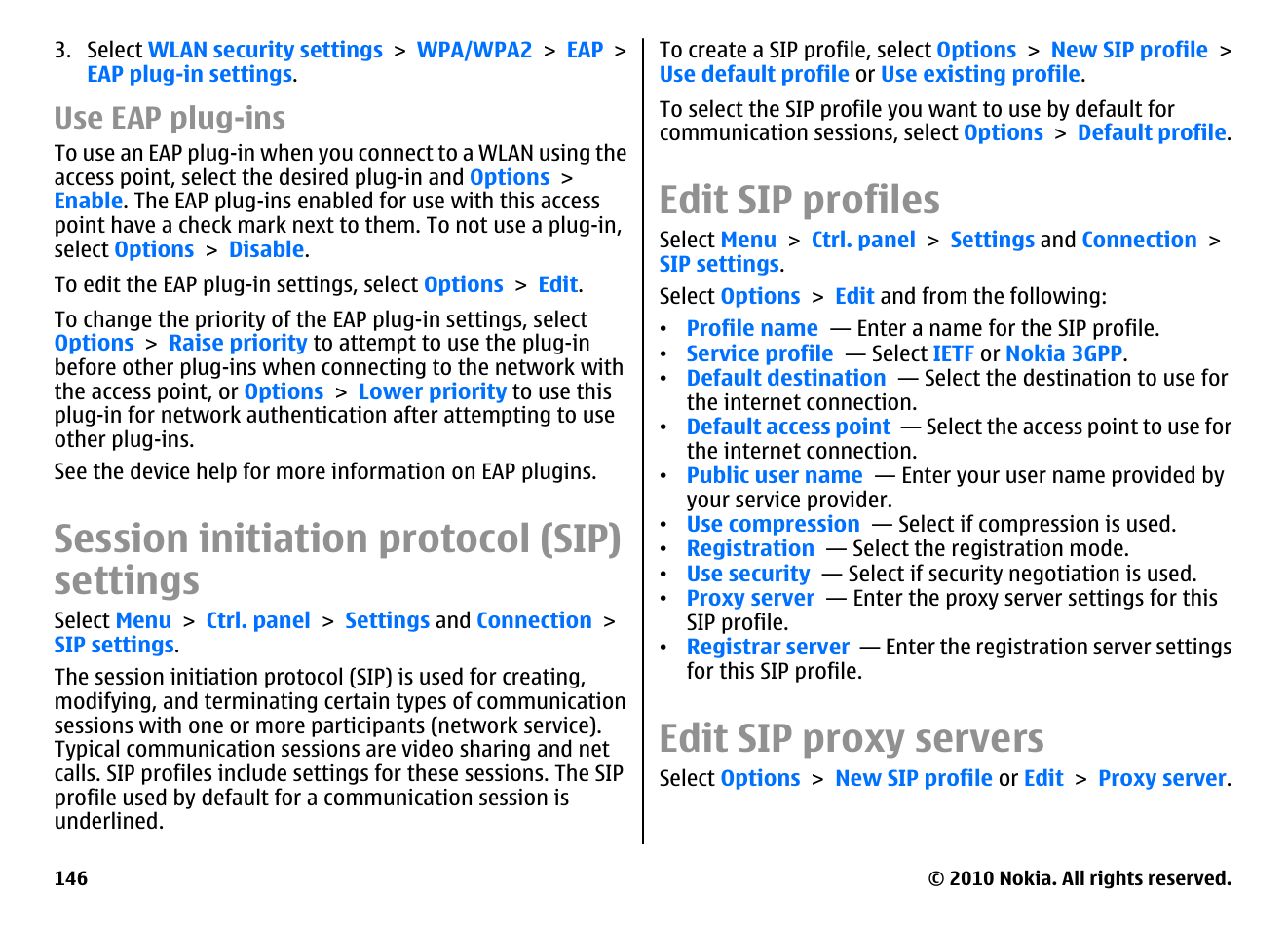 Use eap plug-ins, Session initiation protocol (sip) settings, Edit sip profiles | Edit sip proxy servers | Nokia E55 User Manual | Page 146 / 170