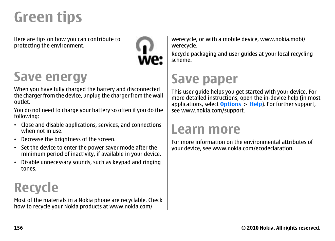 Green tips, Save energy, Recycle | Save paper, Learn more | Nokia E55 User Manual | Page 156 / 170