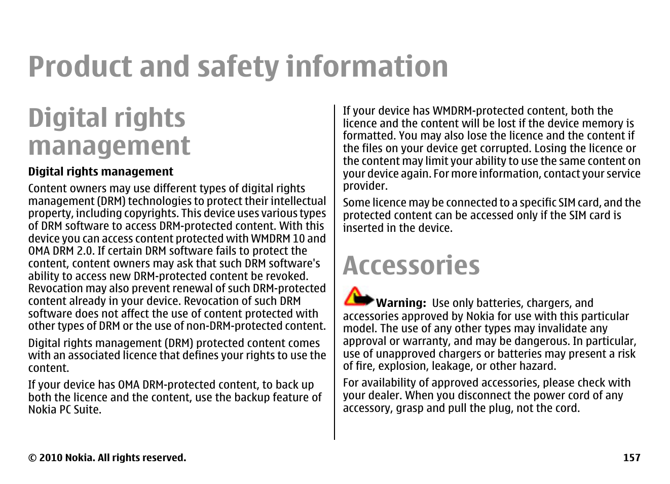 Product and safety information, Digital rights management, Accessories | Nokia E55 User Manual | Page 157 / 170