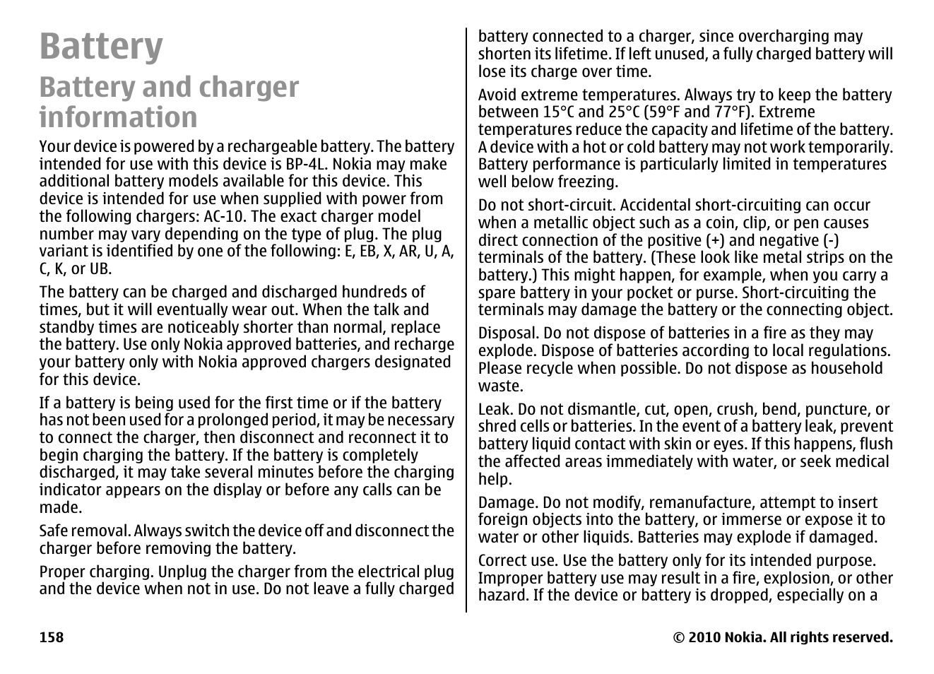 Battery, Battery and charger information | Nokia E55 User Manual | Page 158 / 170