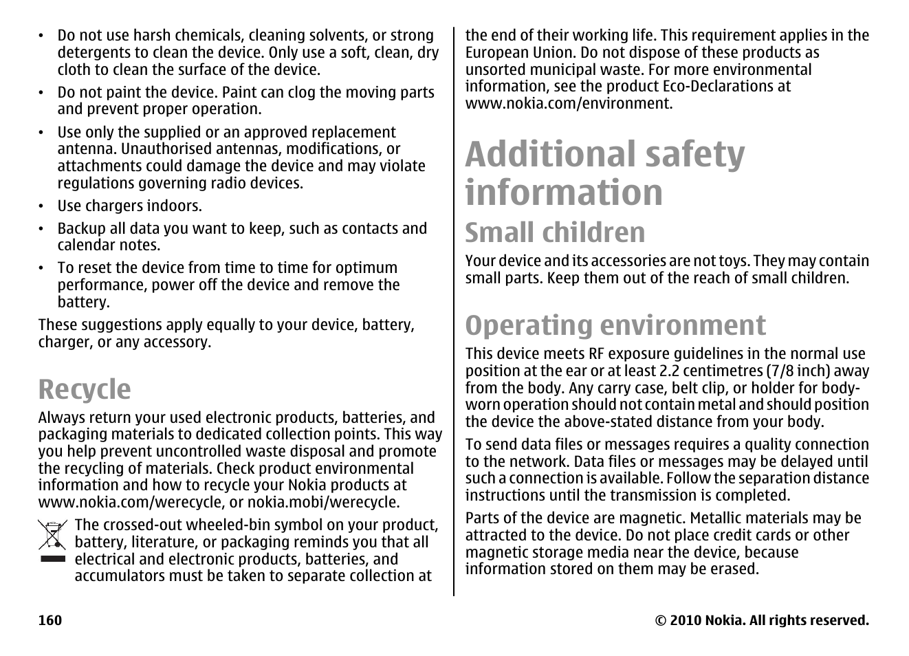 Recycle, Additional safety information, Small children | Operating environment | Nokia E55 User Manual | Page 160 / 170