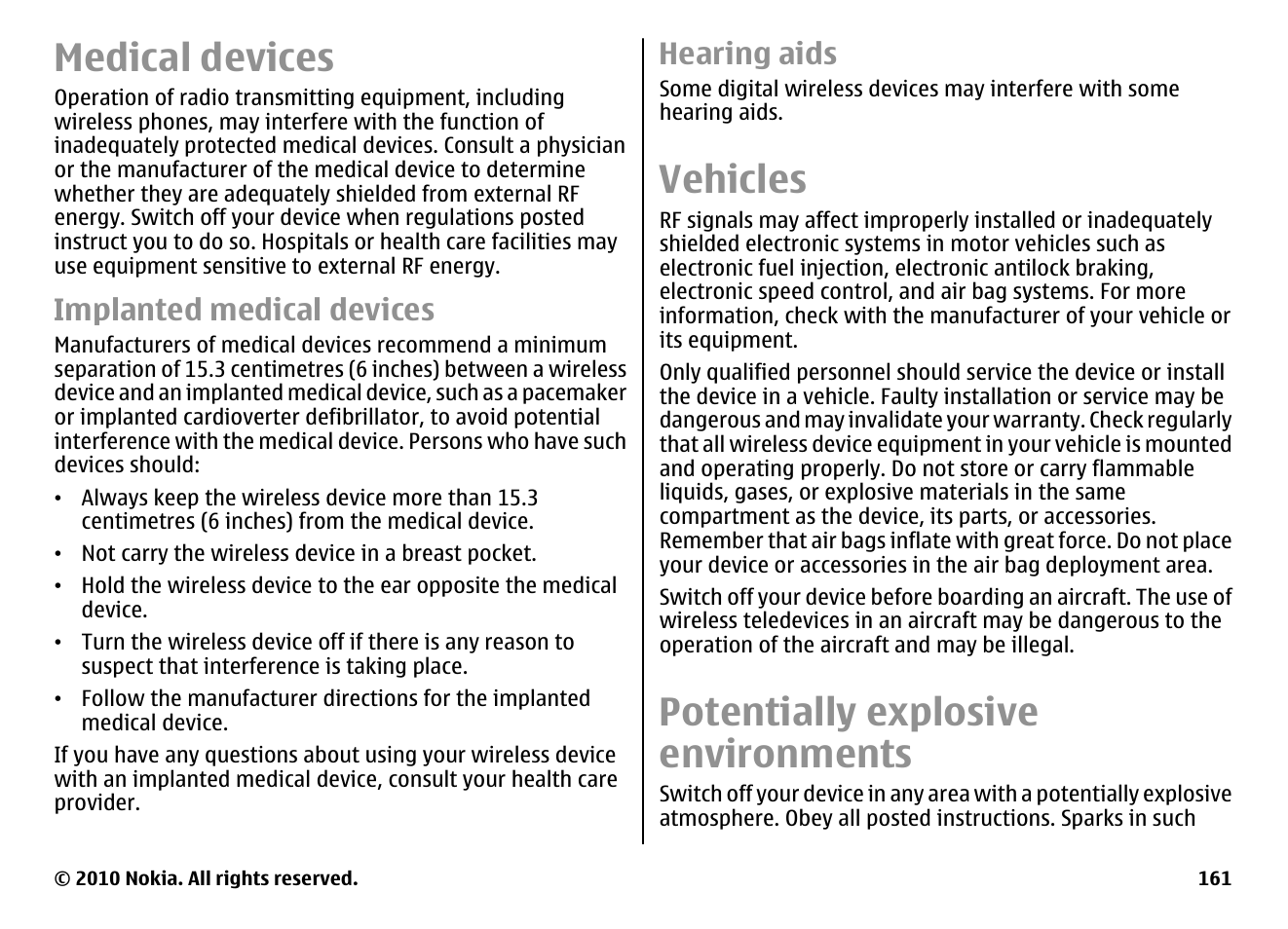 Medical devices, Implanted medical devices, Hearing aids | Vehicles, Potentially explosive environments | Nokia E55 User Manual | Page 161 / 170