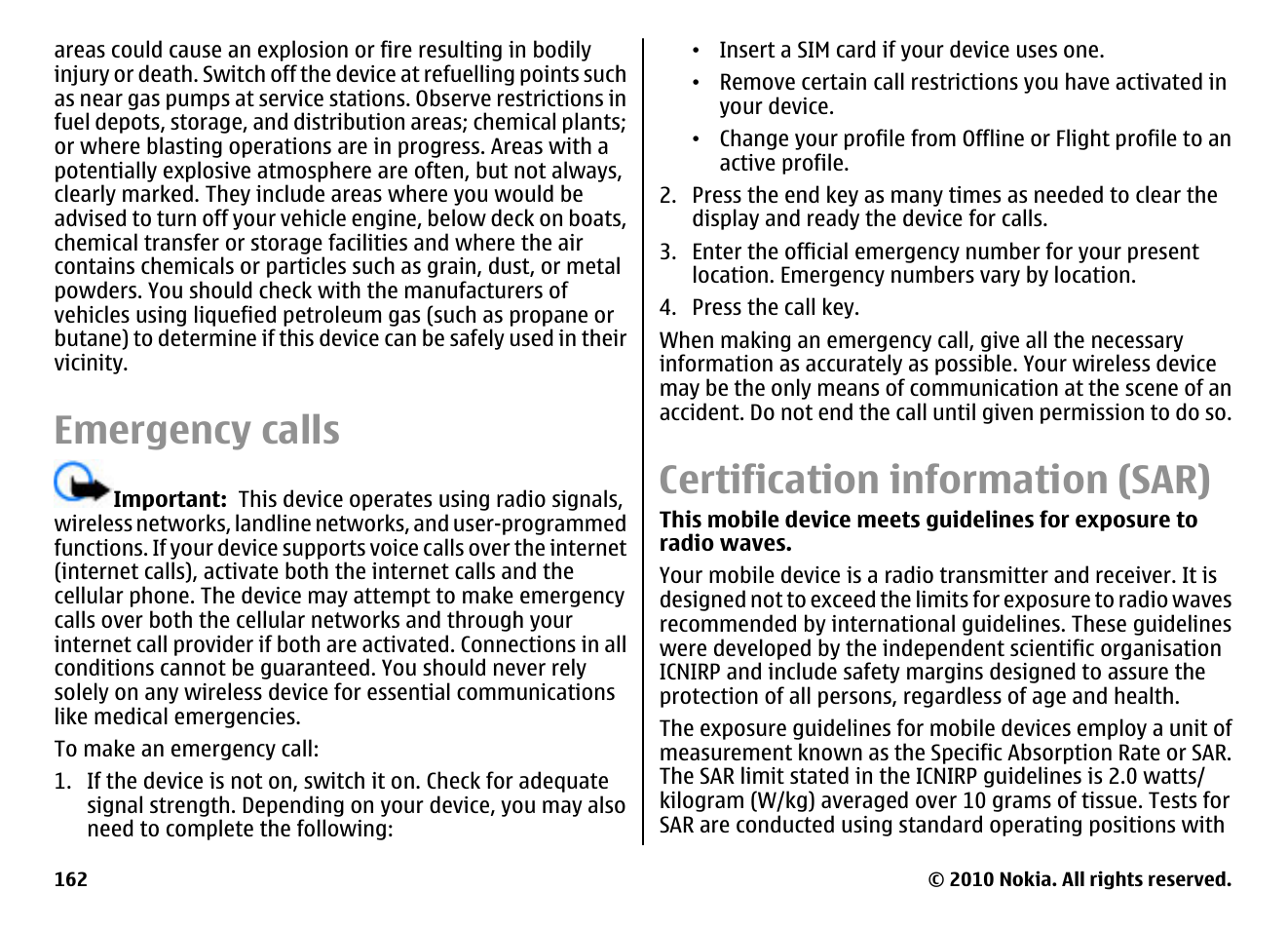 Emergency calls, Certification information (sar) | Nokia E55 User Manual | Page 162 / 170