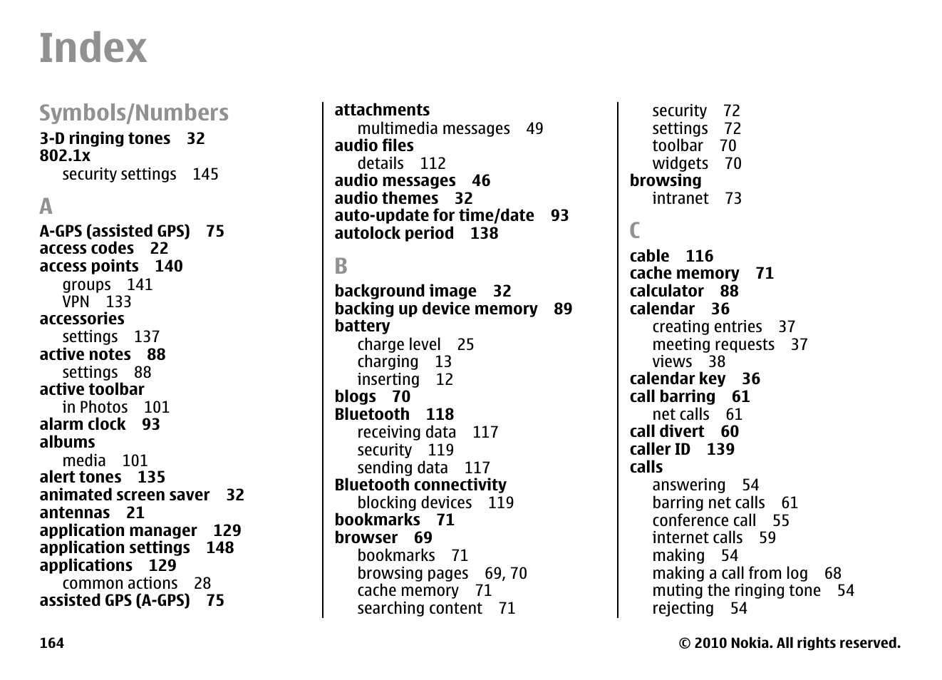 Index, Symbols/numbers | Nokia E55 User Manual | Page 164 / 170