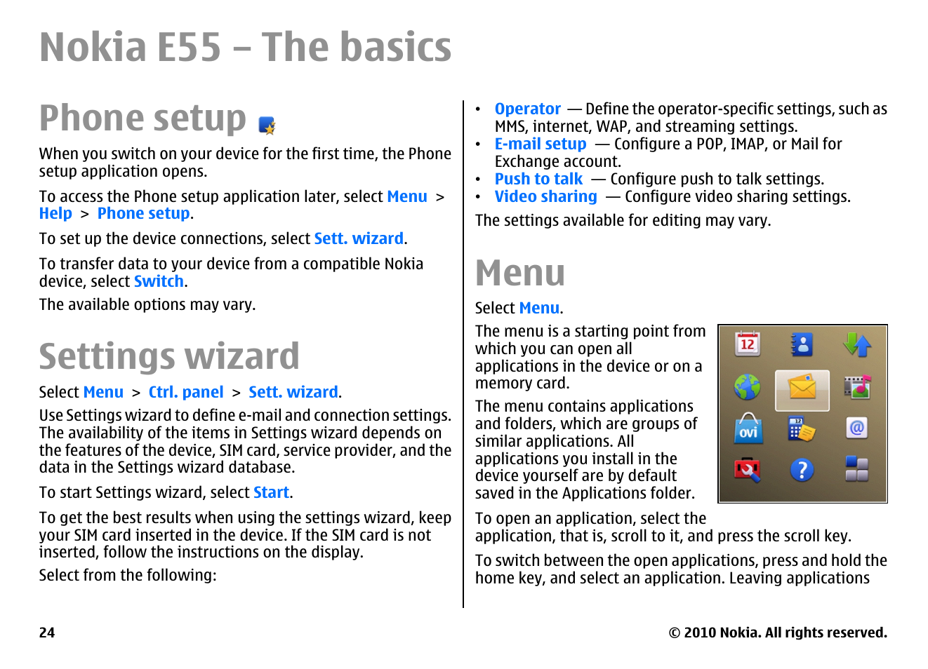 Nokia e55 – the basics, Phone setup, Settings wizard | Menu | Nokia E55 User Manual | Page 24 / 170