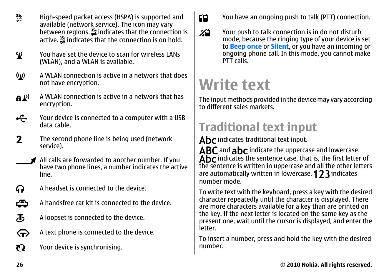 Write text, Traditional text input | Nokia E55 User Manual | Page 26 / 170