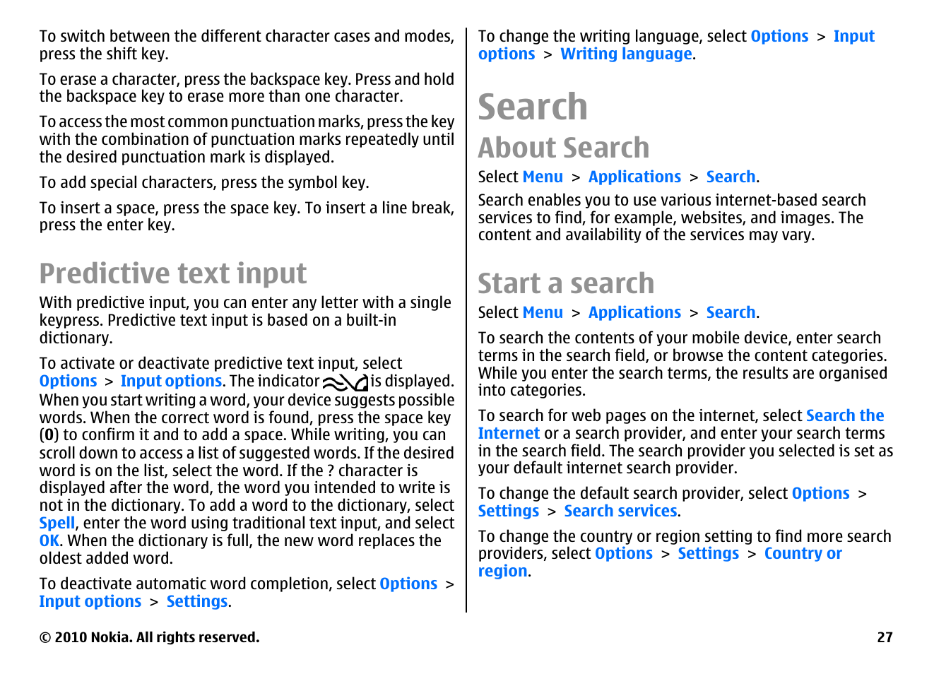 Predictive text input, Search, About search | Start a search | Nokia E55 User Manual | Page 27 / 170