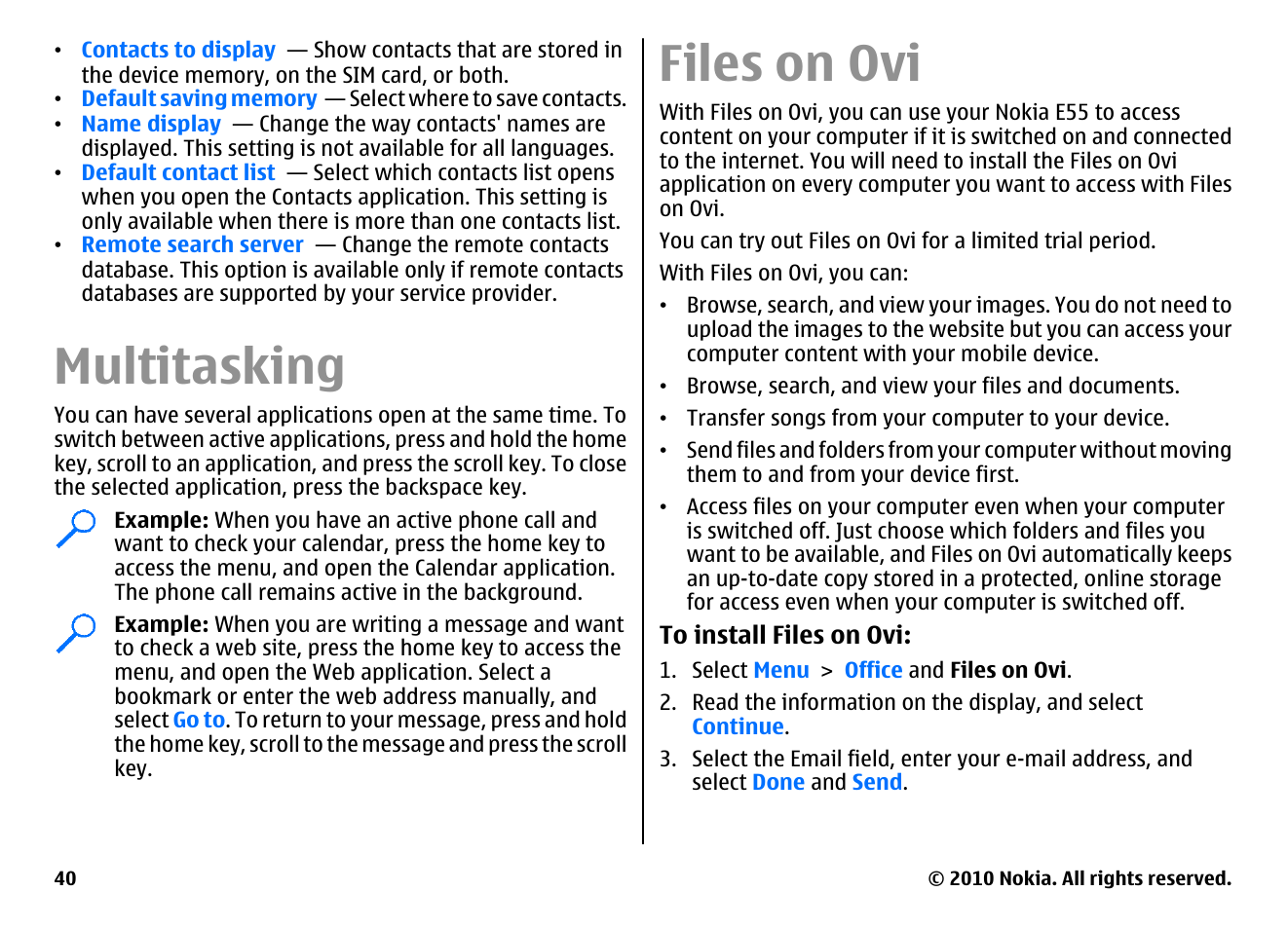 Multitasking, Files on ovi | Nokia E55 User Manual | Page 40 / 170