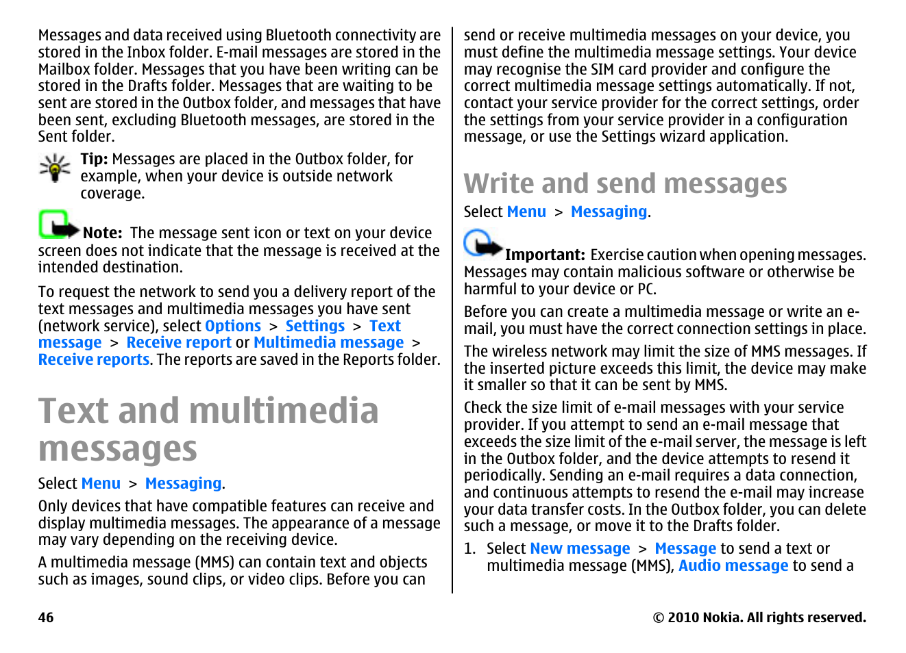 Text and multimedia messages, Write and send messages | Nokia E55 User Manual | Page 46 / 170