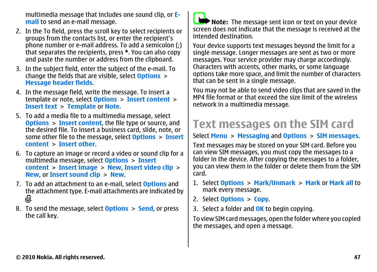 Text messages on the sim card | Nokia E55 User Manual | Page 47 / 170