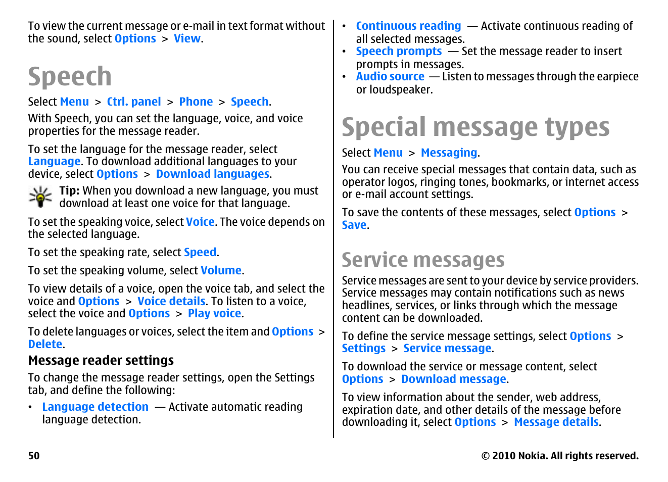 Speech, Special message types, Service messages | Nokia E55 User Manual | Page 50 / 170